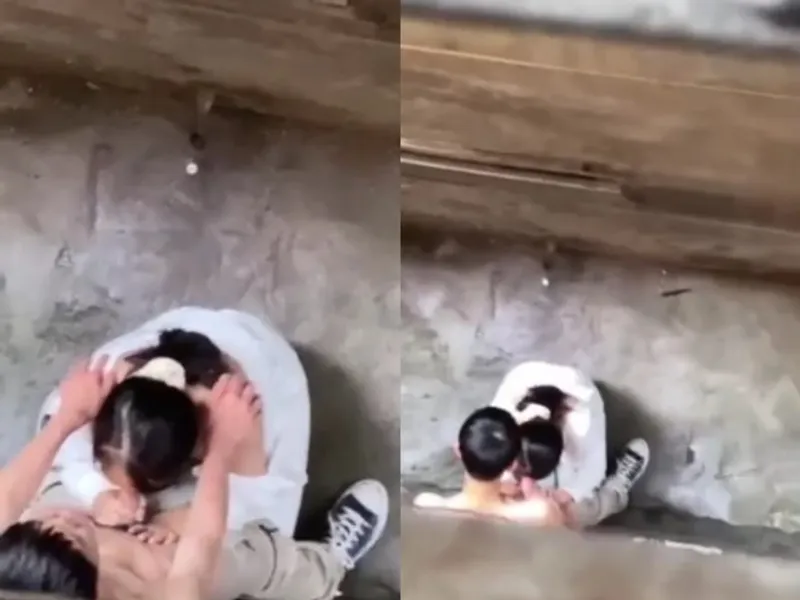 Quay lén học sinh nữ liếm cậu bé người yêu ở khe nhà